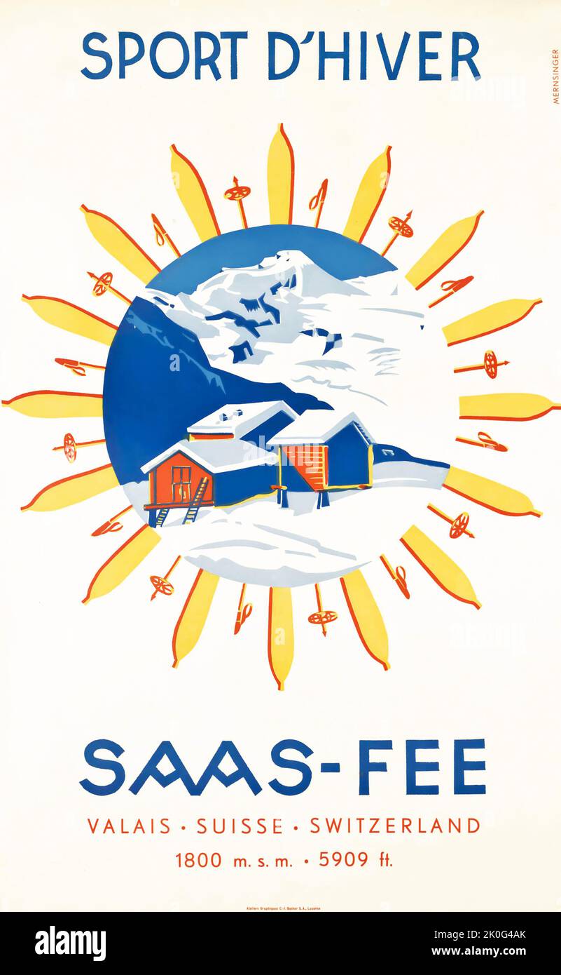 Wilhelm Mernsinger - SAAS-FEE - Schweiz, Svizzera - Poster di viaggio 1930 Foto Stock
