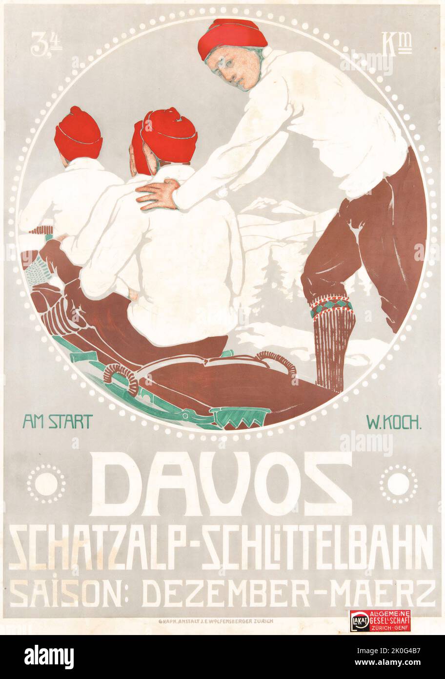 Walter Koch (1875-1925) Davos 1911 - Schweiz, Suisse, Svizzera - Poster di viaggio Schatzalp-Schlittelbahn Foto Stock