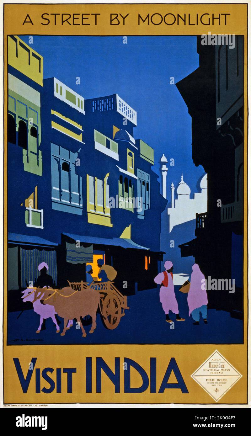 Visita l'India, Una strada al chiaro di luna. Poster di viaggio vintage ca. 1920. Artista sconosciuto. Foto Stock