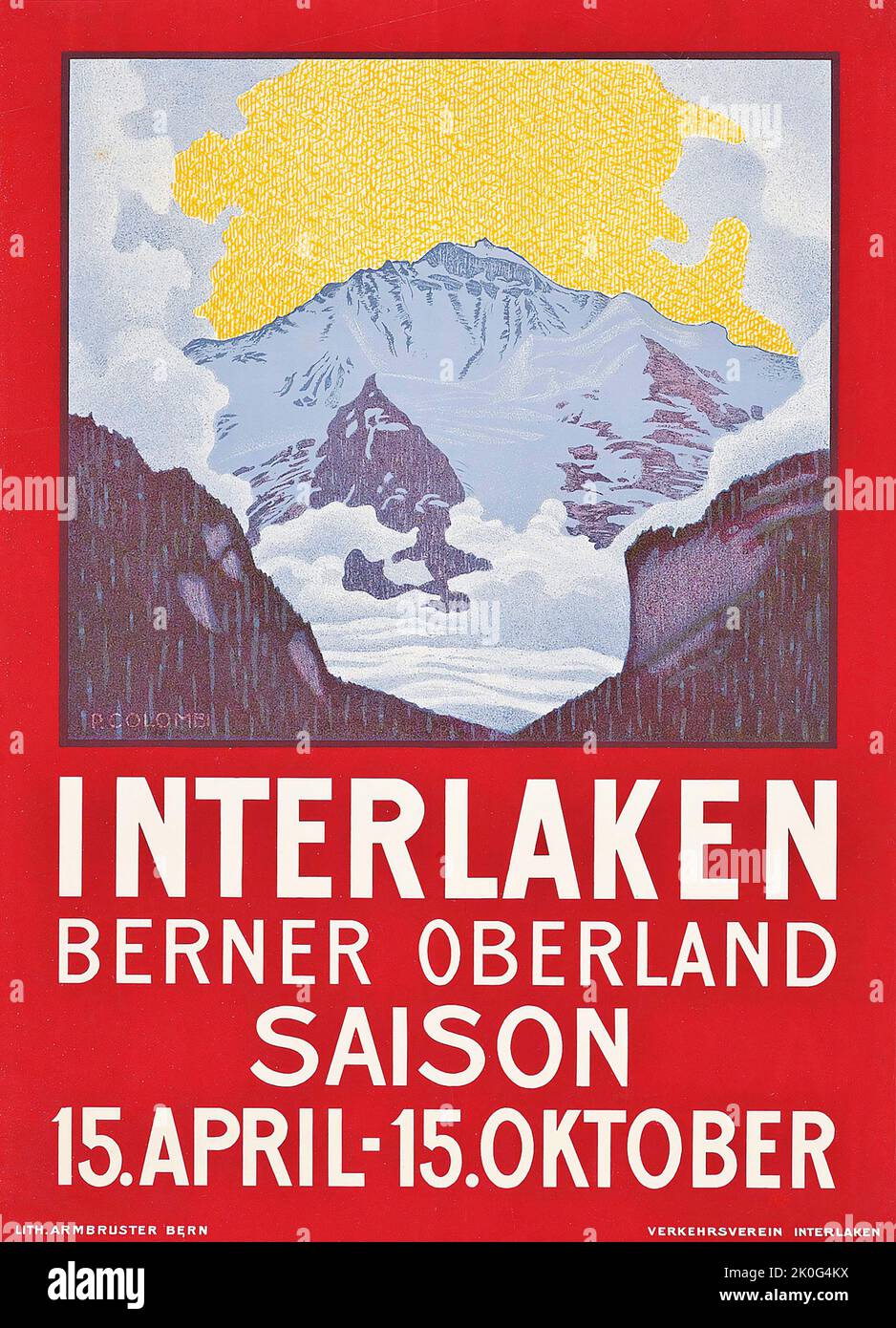 Plinio Colombi (1873-1951) INTERLAKEN c 1914 - Berner Oberland - Schweiz, Suisse, Svizzera - Poster di viaggio Foto Stock