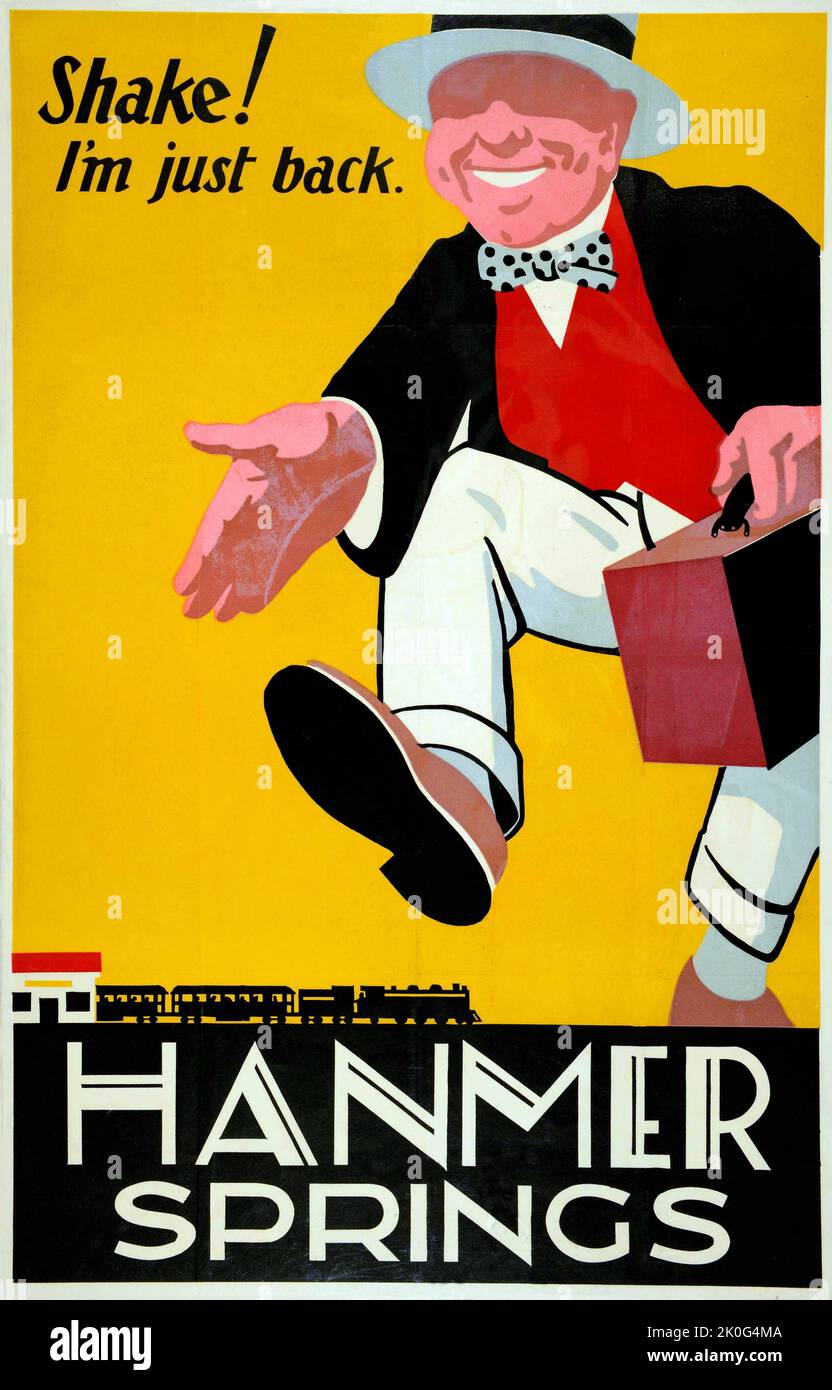 Poster ferroviario della Nuova Zelanda - Hanmer Springs 1927 "Shake, i'm Just Back" Foto Stock