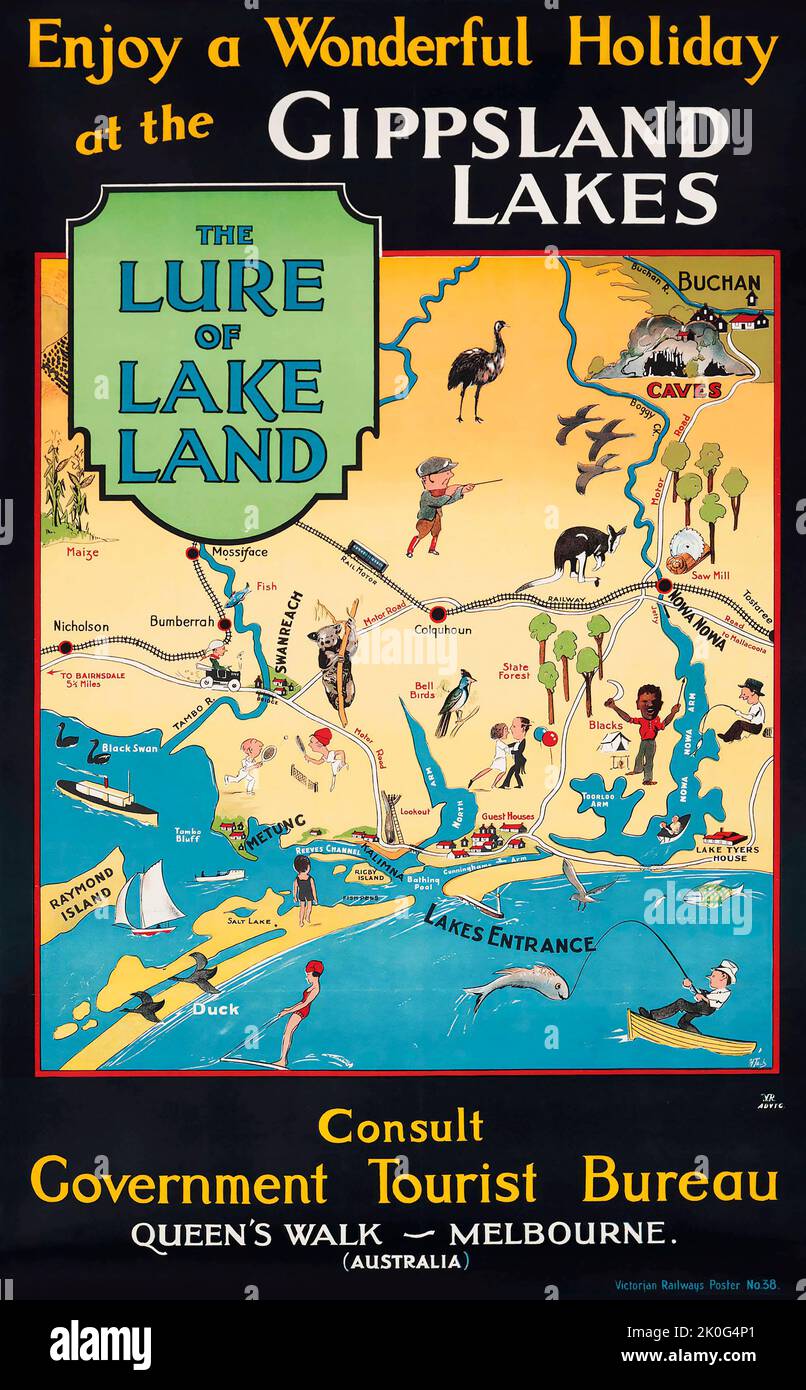 H. Jack - GIPPSLAND LAKES Australian Travel poster - Queen's Walk Melbourne - The Lure of Lake Land Foto Stock