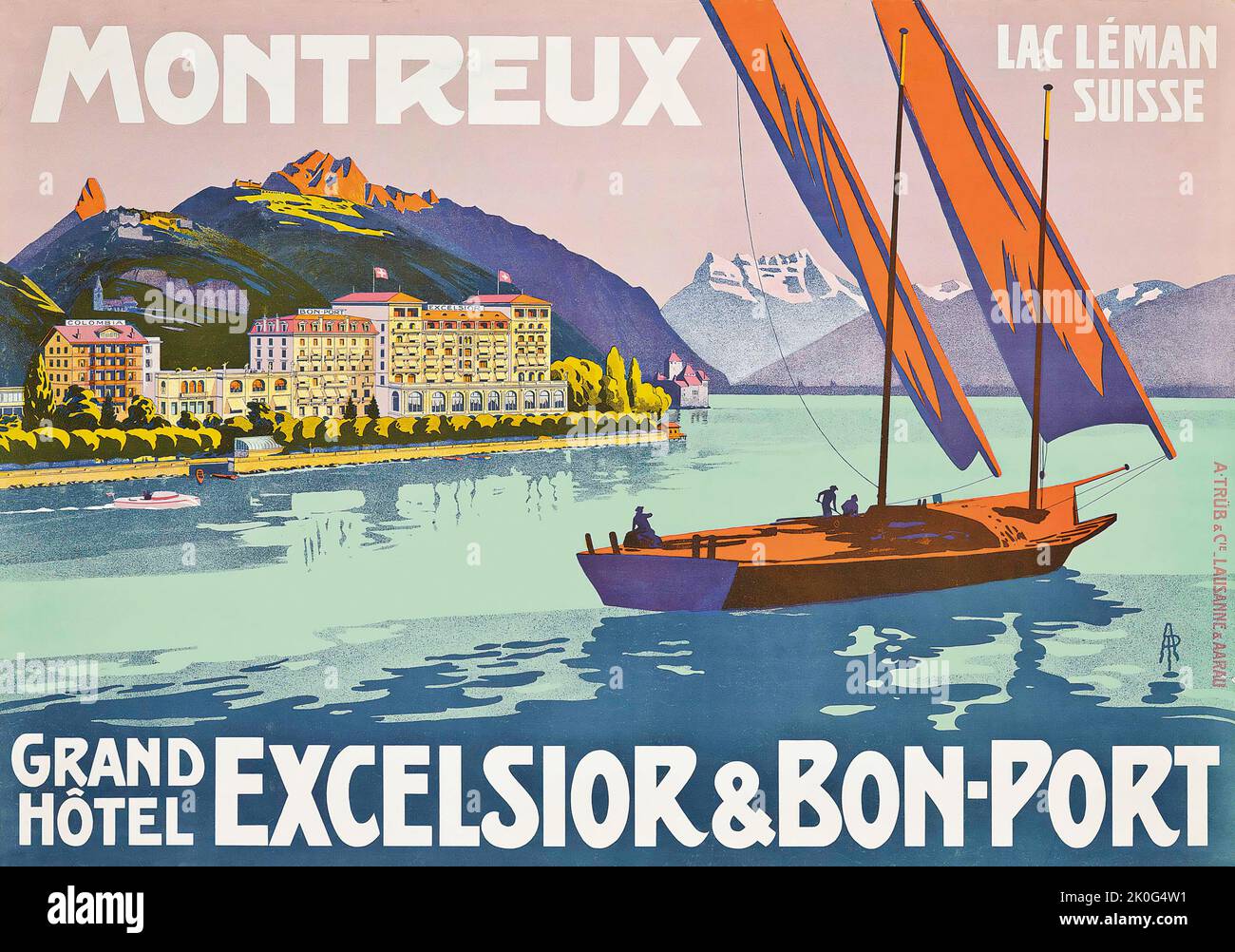AP artwork - MONTREUX, GRAND Hôtel EXCELSIOR & BON PORT - Schweiz, Suisse, Svizzera - Poster di viaggio 1907. Foto Stock