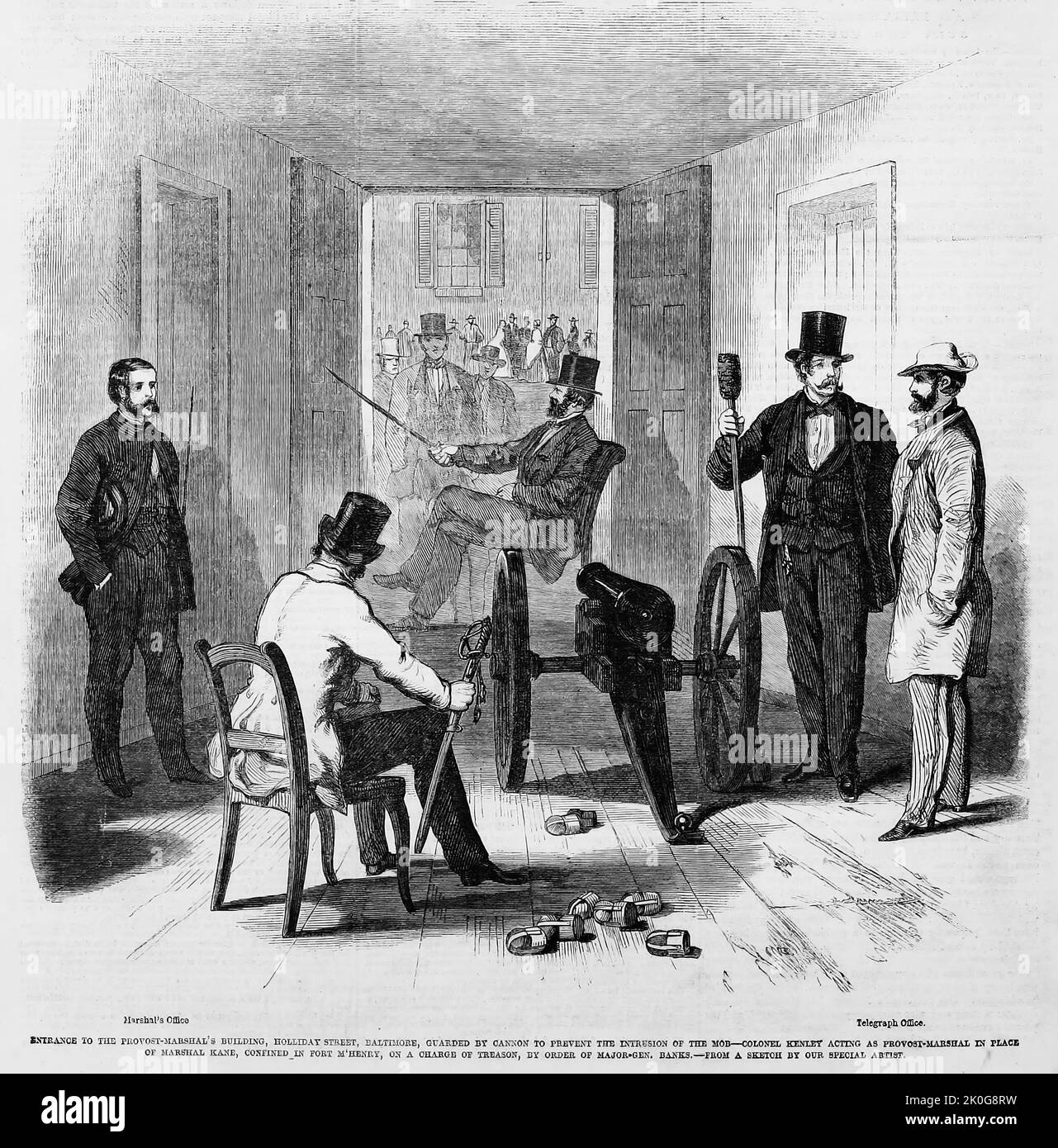 Ingresso all'edificio del Provost Marshal, Holliday Street, Baltimora, Maryland, sorvegliato da cannone per impedire l'intrusione della folla - Colonnello Kenley che funge da Maresciallo Provost al posto del Maresciallo Kane, confinato a Fort McHenry, su accusa di tradimento, per ordine del maggiore Generale Nathaniel Prentice Banks, Luglio 1861. Arresto di George Proctor Kane. Illustrazione della guerra civile americana del 19th° secolo dal quotidiano illustrato di Frank Leslie Foto Stock