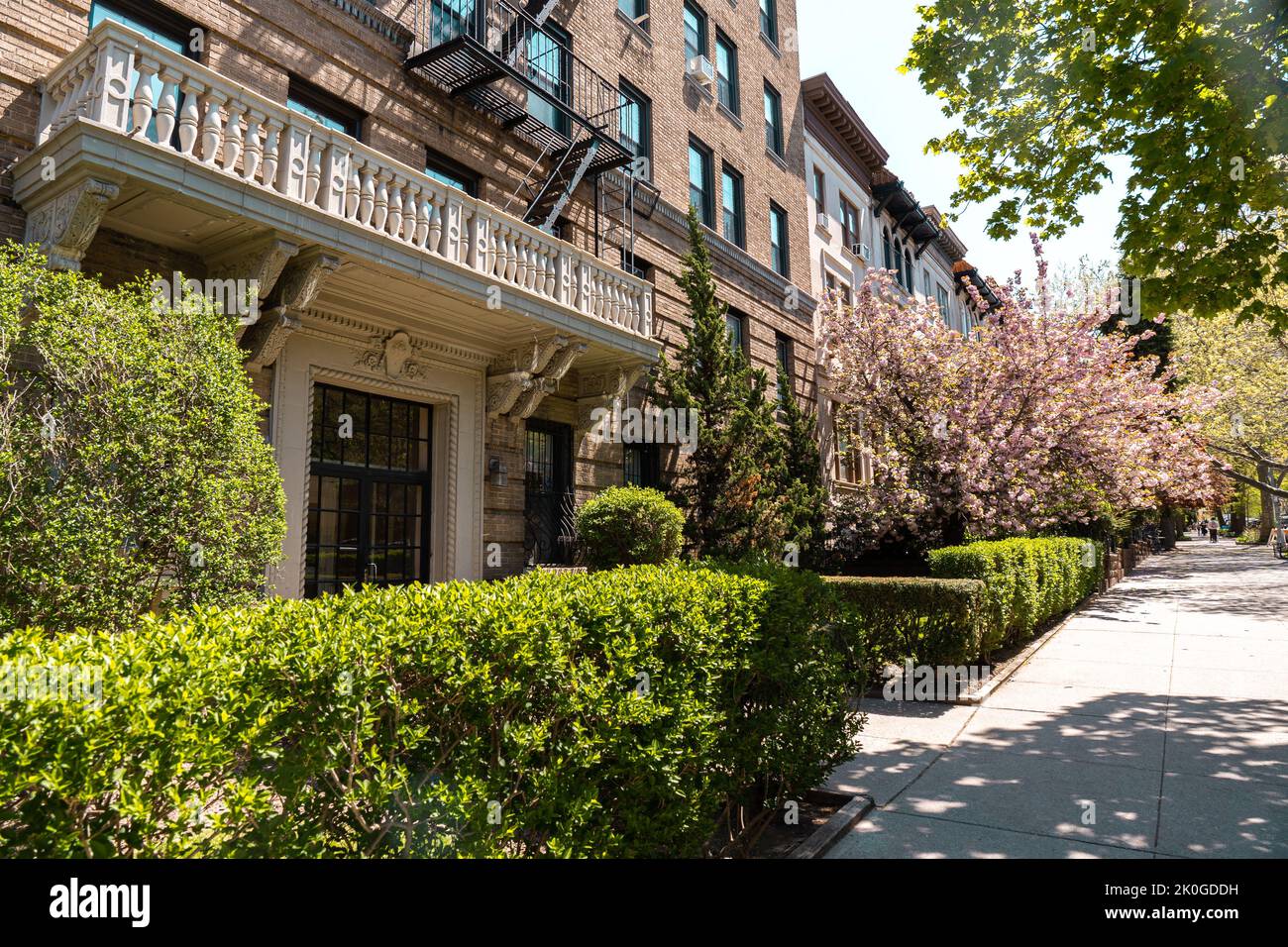Quartiere residenziale di Park Slope, Brooklyn. Pietre brownstones con iarde anteriori e marciapiede. Foto Stock
