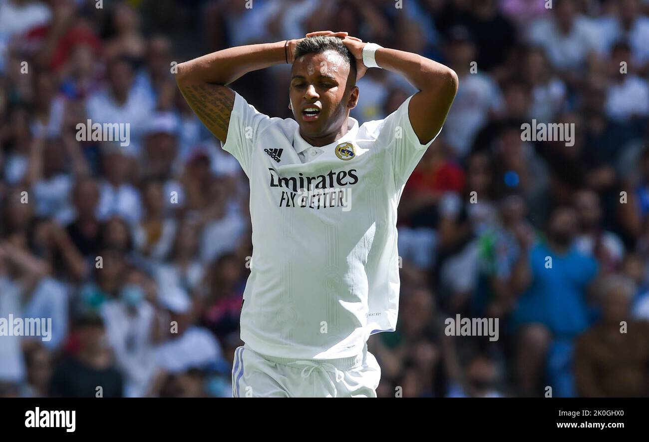 Madrid, Spagna. 11th Set, 2022. Il Rodrygo del Real Madrid reagisce durante una partita la Liga Santander contro l'RCD Mallorca a Madrid, Spagna, 11 settembre 2022. Credit: Gustavo Valiente/Xinhua/Alamy Live News Foto Stock