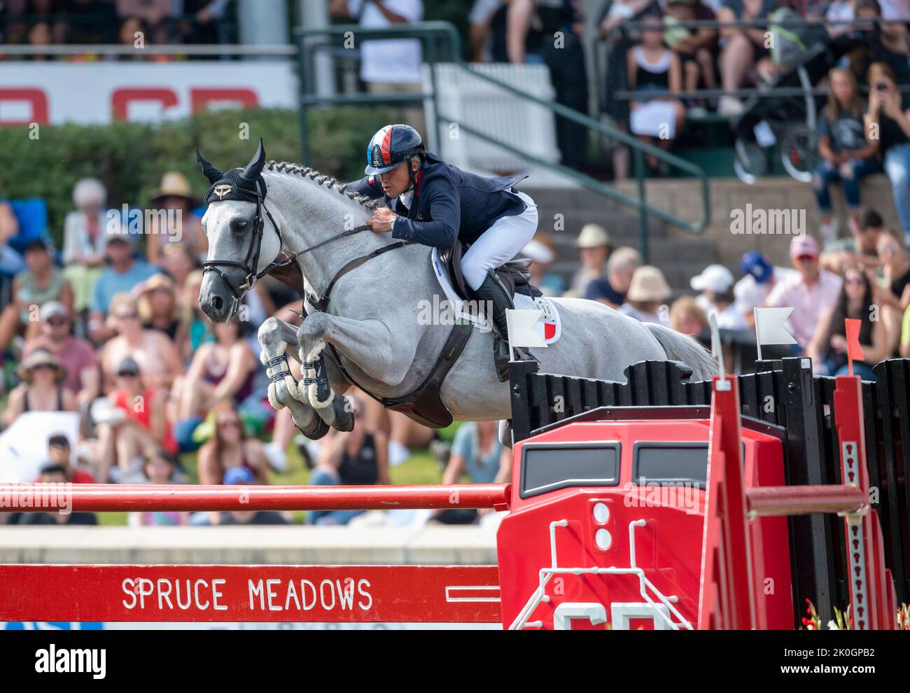 Calgary, Alberta, Canada, 11 settembre 2022. Olivier Robert (fra) cavalcando Vangog du Mas Garnier, CSIO Spruce Meadows Masters, - Gran Premio CP Foto Stock