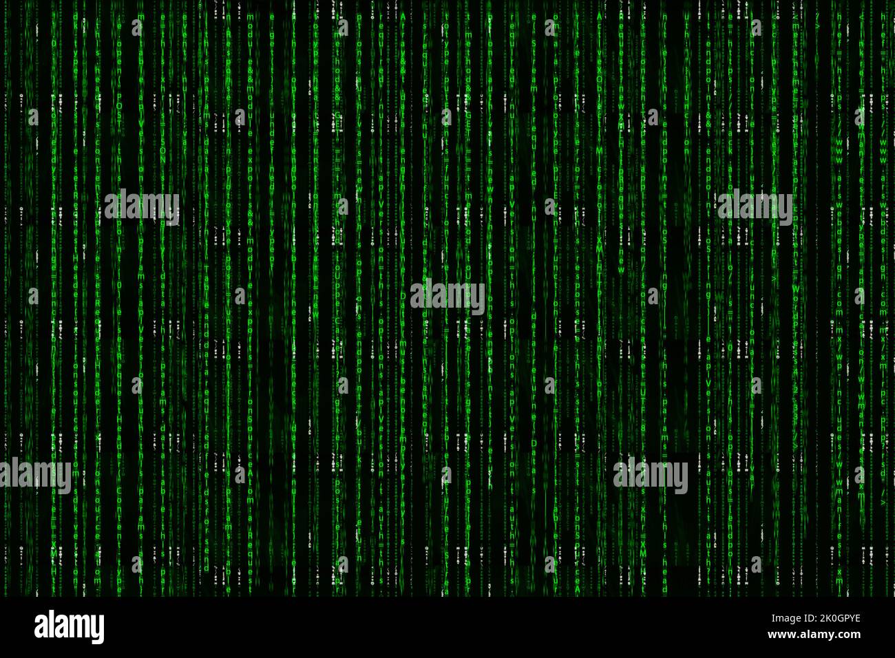 Codifica computerizzata con tecnologia a matrice in linguaggio di segno html, lettere che cadono in pioggia infinita monitor di computer Foto Stock