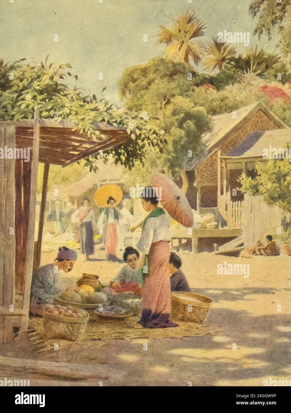 Street in Nyaung-u dal libro ' Burma ' dipinto e descritto da Kelly, R. Talbot (Robert Talbot), 1861-1934 Data di pubblicazione 1905 Editore Londra : Adam e Charles Black Foto Stock
