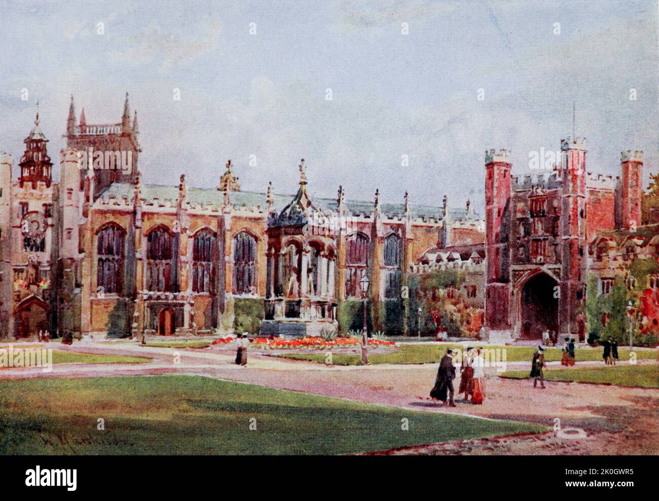 The Great Court, Trinity College Cambridge, la più grande università o in Europa. Vediamo la Grande porta nella foto a destra, di fronte a noi la Cappella. A sinistra della Cappella si vede la porta di Re Edoardo, XIV secolo. La bellissima Fontana al centro del quadro è in stile rinascimentale, fu costruita da Nevile nel 1602 e ricostruita nel 1716 dipinta da William Matthison, 1853-1926 nel 1907 Foto Stock