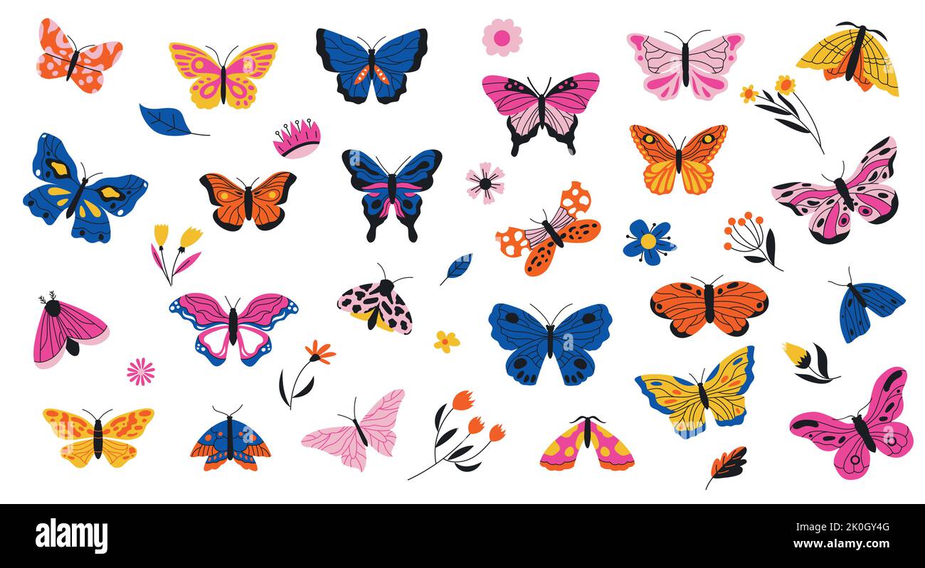 Farfalle e fiori. Falene esotiche e piante tropicali, vivace collezione decorativa di primavera colorato volare alati insetti e foglie. Vettore Illustrazione Vettoriale