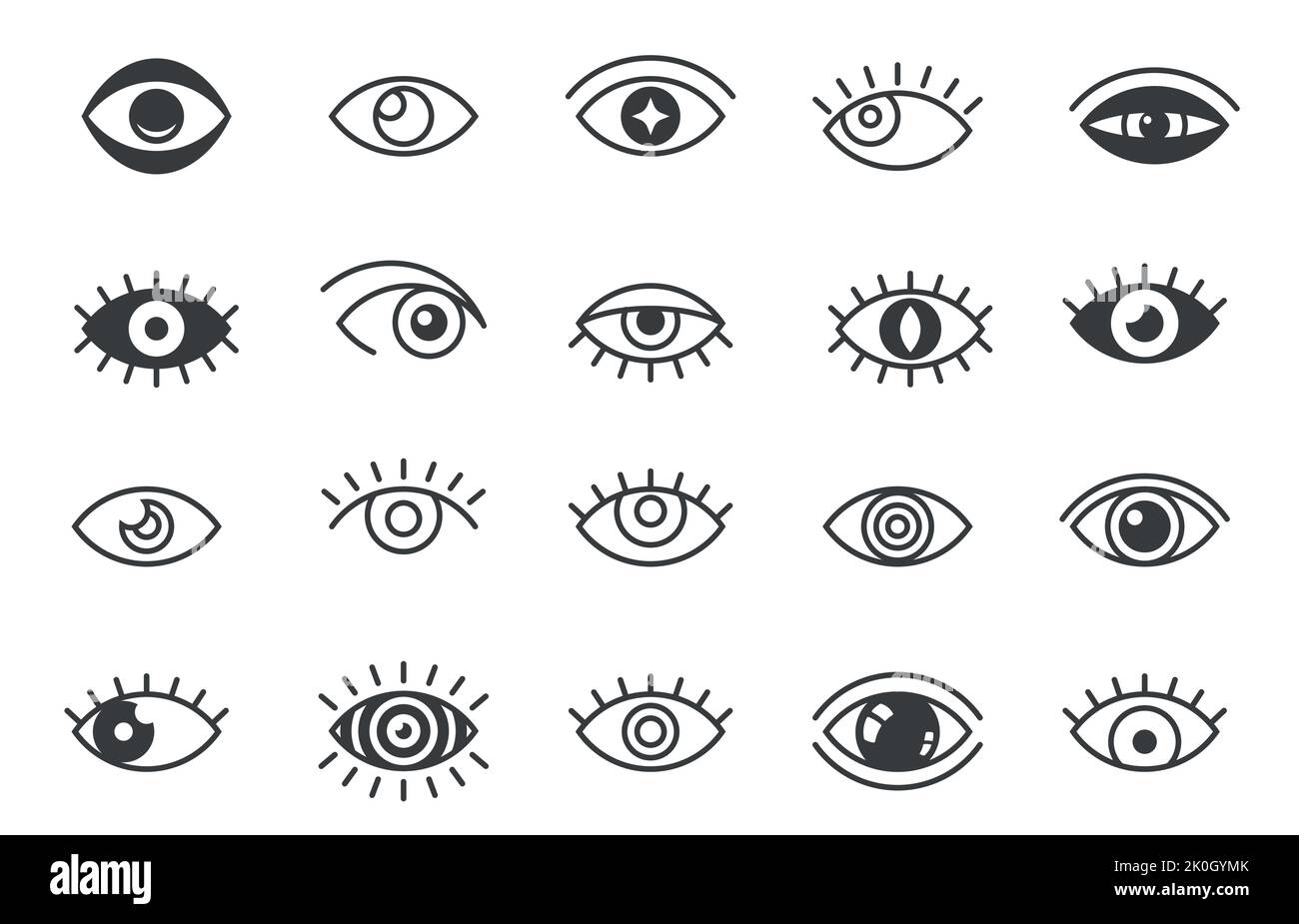 Simboli degli occhi aperti. Delineare icone ottiche dell'occhio umano, bulbo oculare segni lineari, visione salute oftalmologia concetto. Set con isolamento vettoriale Illustrazione Vettoriale