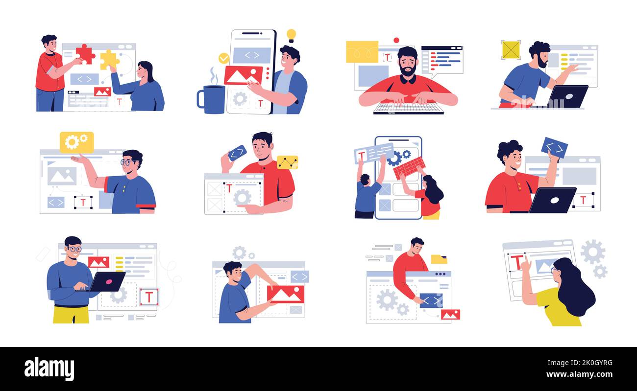 Caratteri di sviluppo software. Persone che lavorano su programmi Web front-end e back-end, sviluppatori di applicazioni mobili e programmatori e Illustrazione Vettoriale