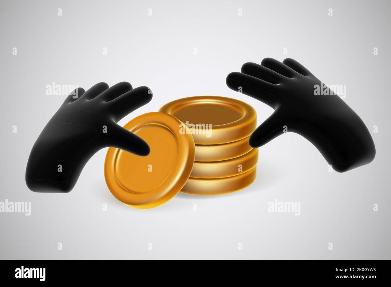 Nero 3D cartoni animati mani umane contare monete d'oro. Illustrazione Vettoriale