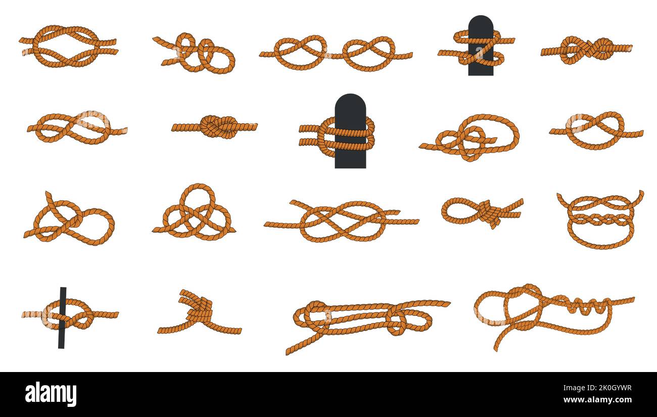 Tipi di nodi. Corda annodata cartoon con lacci e fili per la nautica e la vela, otto nodi e squareknot. Collezione di icone nautiche vettoriali Illustrazione Vettoriale