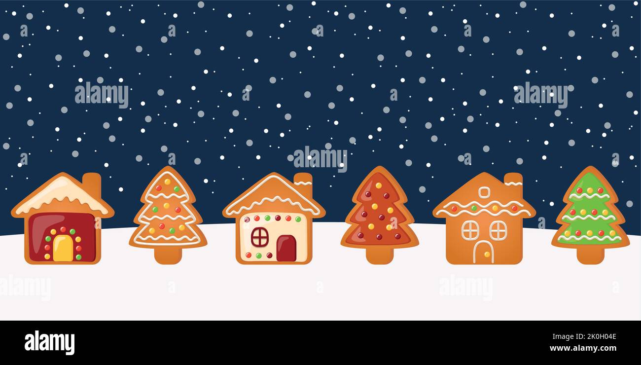 cartolina di auguri del villaggio dei biscotti di natale sul paesaggio innevato Illustrazione Vettoriale