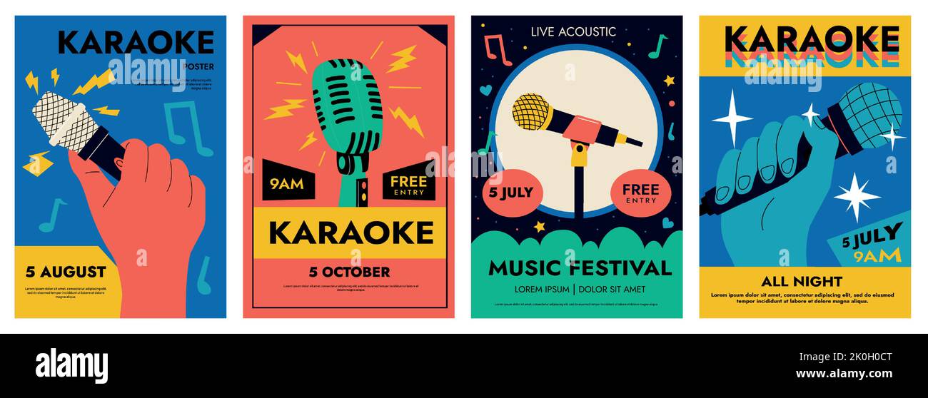 Poster del microfono. Cartoon carta da parati pubblicità per standup commedia microfono aperto, karaoke club, flyer banner design per la diffusione di musica concerto promozione Illustrazione Vettoriale