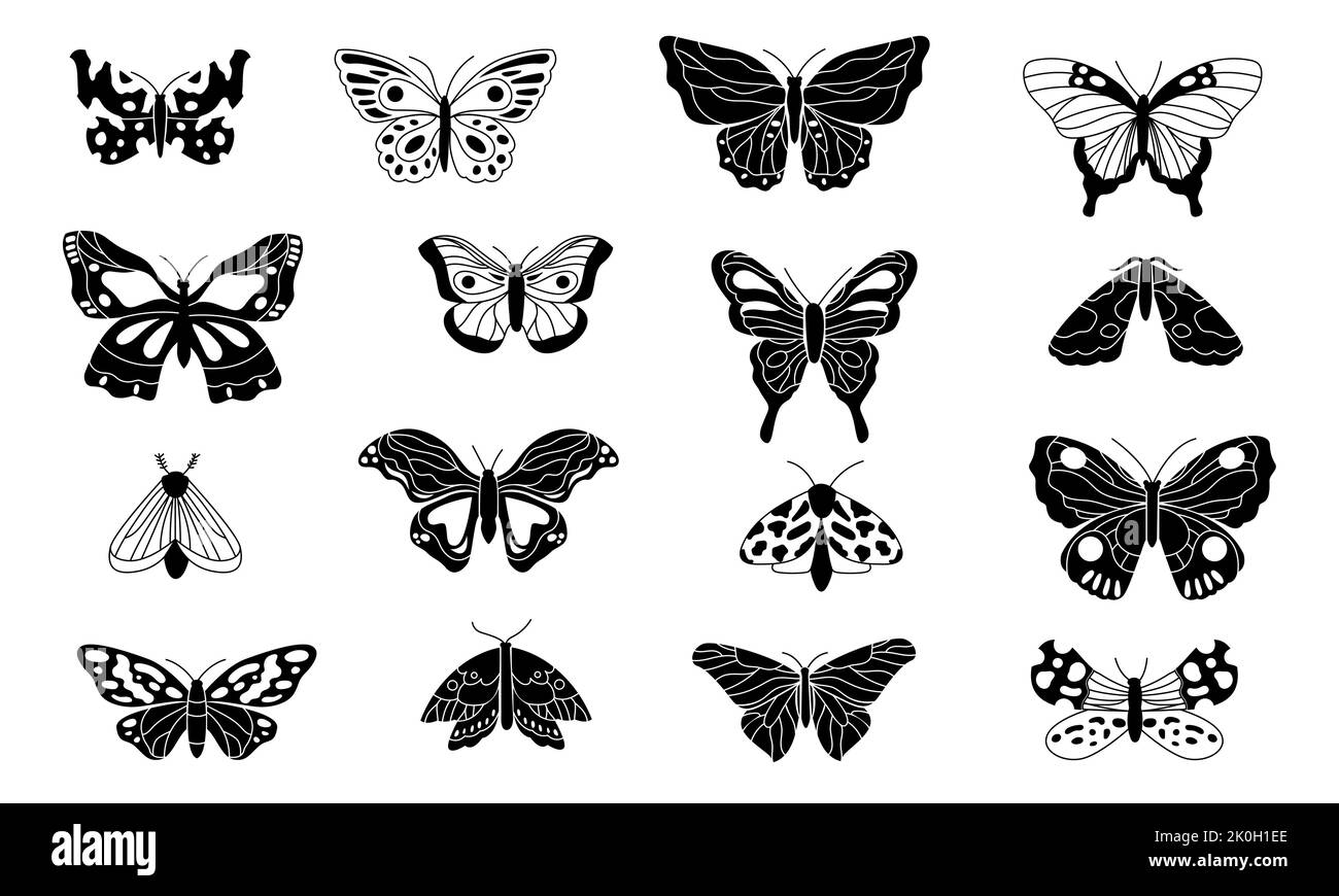Farfalle nere. Silhouette a farfalla decorative, elementi per schizzi di insetti alati per il design del tatuaggio, scrapbook vintage o decorazioni per tappezzeria. Vettore Illustrazione Vettoriale