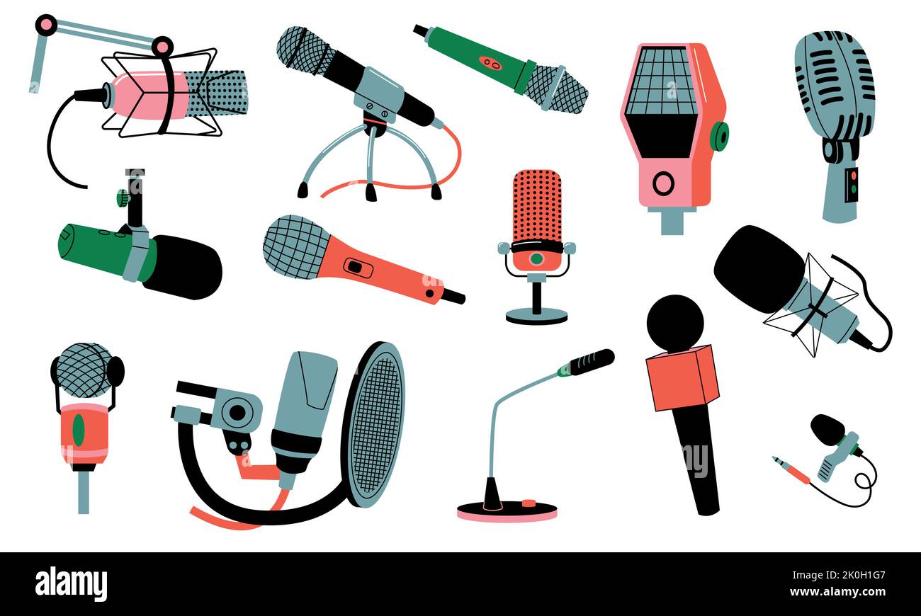 Set di microfoni per cartoni animati. Microfoni per performance da palco, registrazione in studio, trasmissione podcast audio, karaoke vocale, apparecchiatura per la registrazione di musica in stile piatto Illustrazione Vettoriale