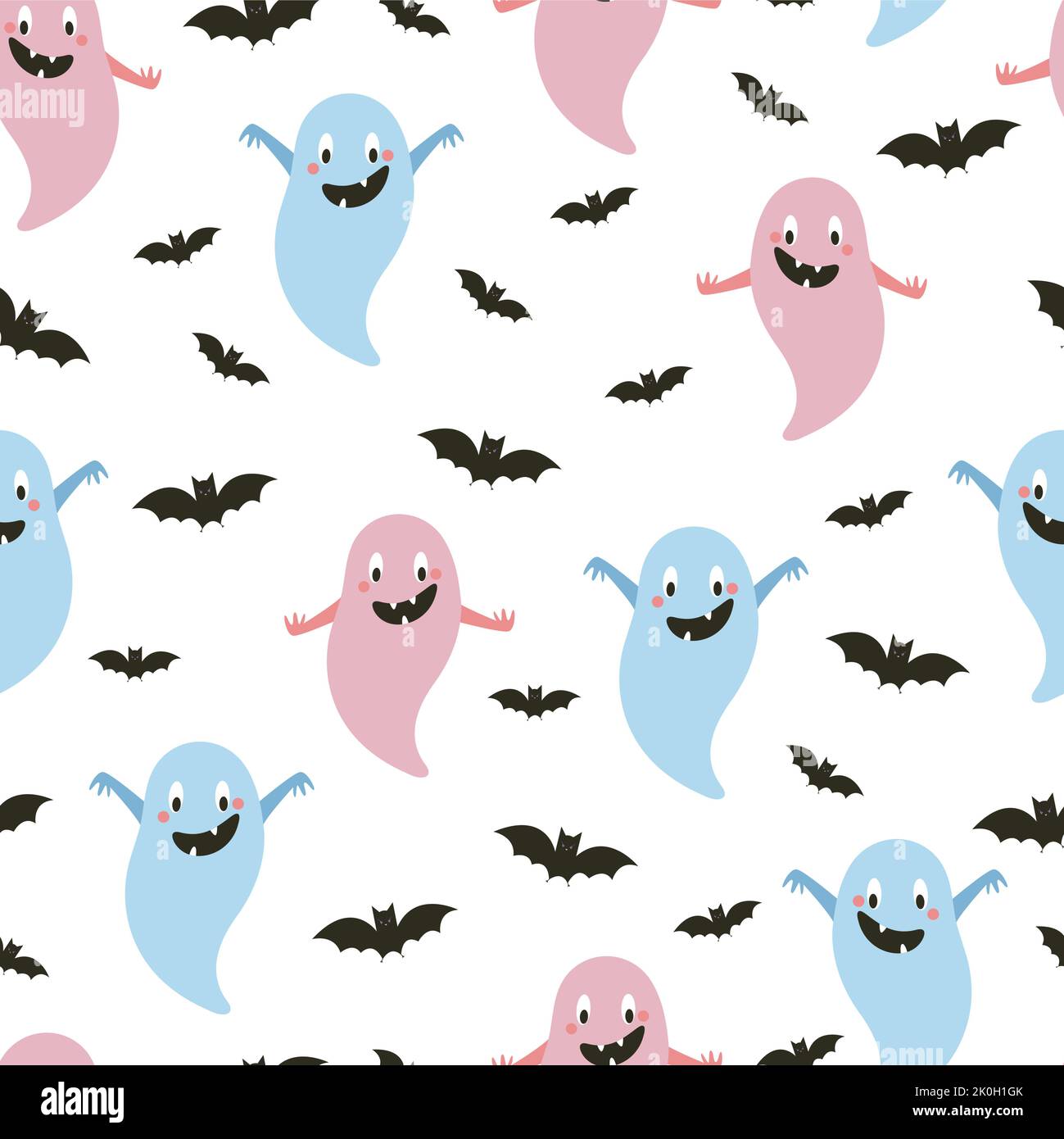 Fantasmi e pipistrelli divertenti senza cuciture. Stampa di Halloween. Illustrazione vettoriale in stile piatto Illustrazione Vettoriale