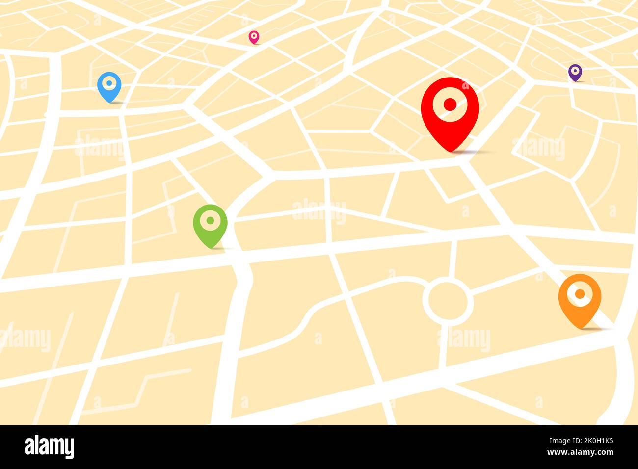 Mappa 3D con punto di destinazione, aereo pulito vista dall'alto della mappa della città con strada e fiume, mappa vuota immaginazione urbana, mappa GPS navigatore co Foto Stock