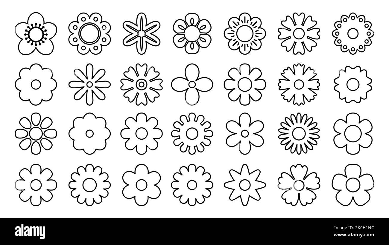 Simboli dei fiori di linea. Semplici simboli geometrici astratti a margherita e camomilla, diverse forme di fiori logo. Elementi decorativi vettoriali a profilo sottile Illustrazione Vettoriale