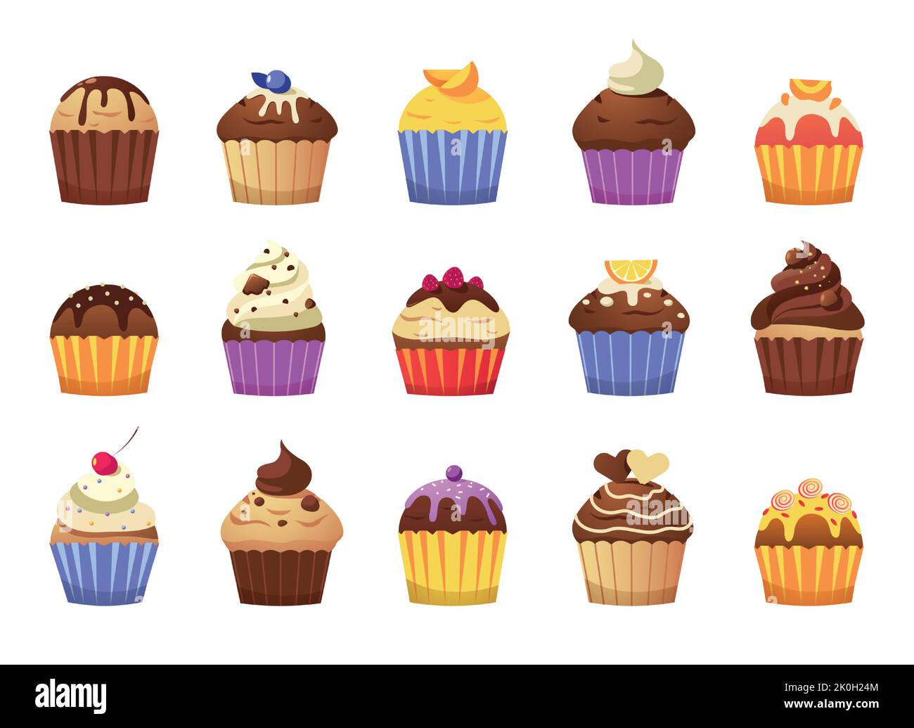 Cupcake cartone animato. Deliziosi muffin con panna e spolverini, dolci colorati per festeggiare o fare colazione, prodotti da forno con guarnizioni a glassa Illustrazione Vettoriale