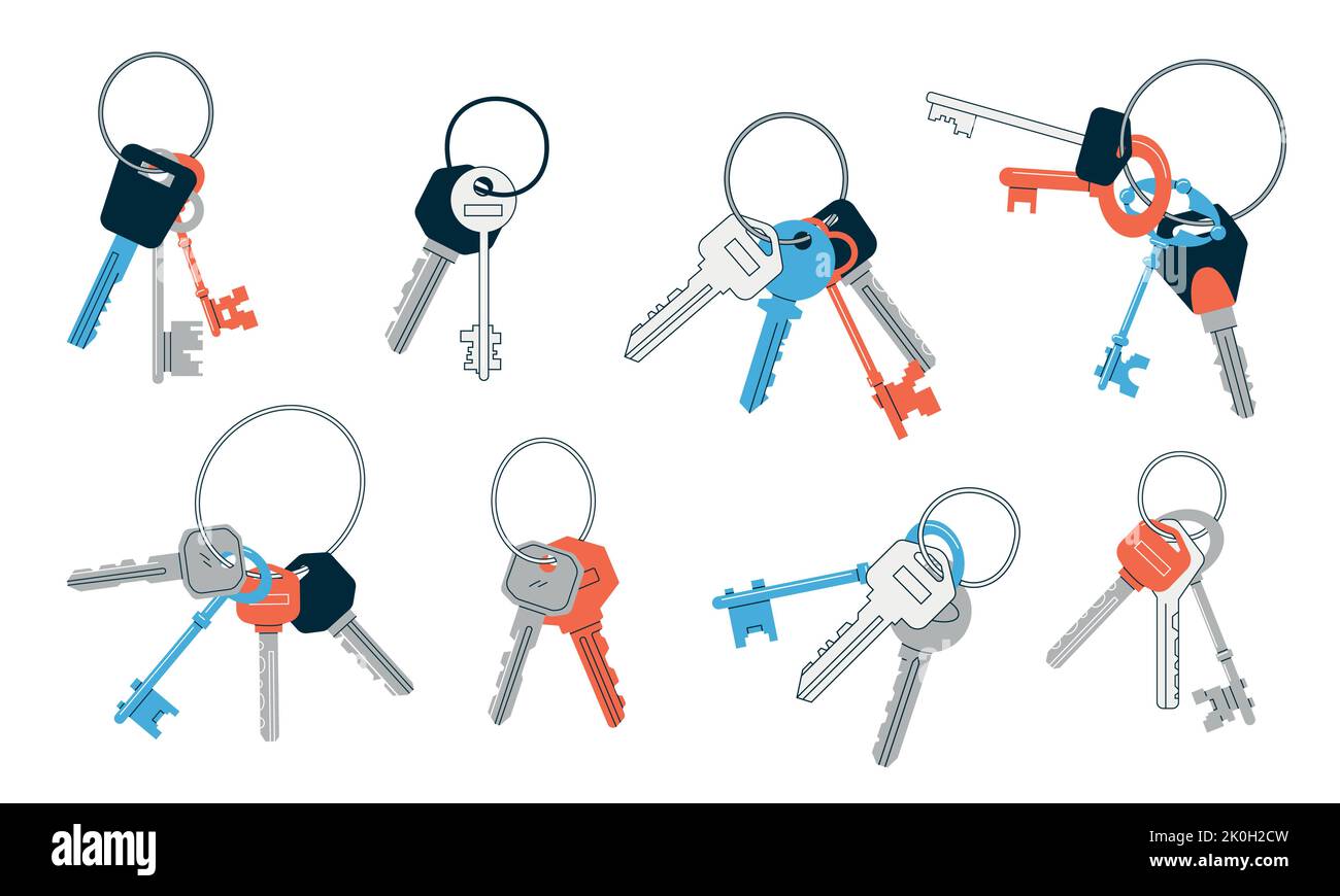 Mazzo di chiavi. Doodle astratto vintage e chiavi moderne con teste diverse portachiavi e portachiavi, proprietà immobiliari e simboli di sicurezza Illustrazione Vettoriale