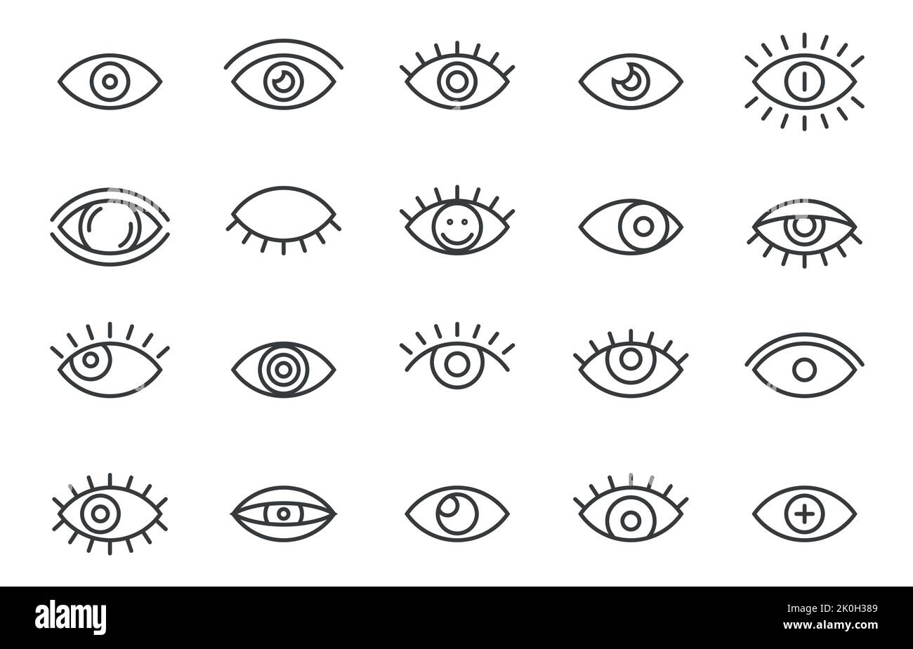 Delineare le icone degli occhi. Semplice linea sottile bulbo oculare segni ciglia, vista umana salute scienza concetto di medicina. Raccolta con isolamento vettoriale Illustrazione Vettoriale