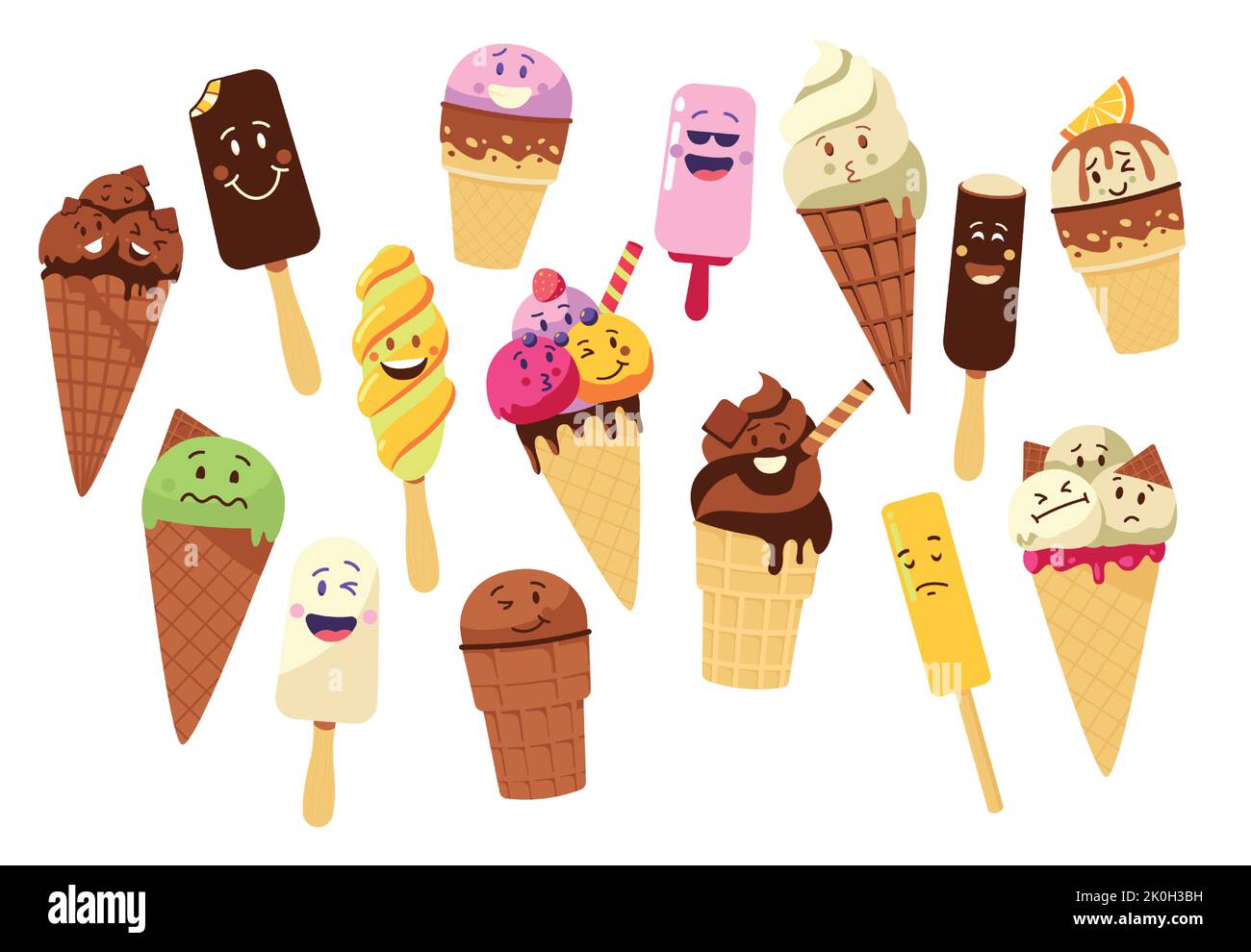 Gelato carattere. Cartoni animati e ghiaccio di frutta surgelata simboli di mascotte isolate con cute kawaii volti e felice espressione. Set di colori vettoriali Illustrazione Vettoriale