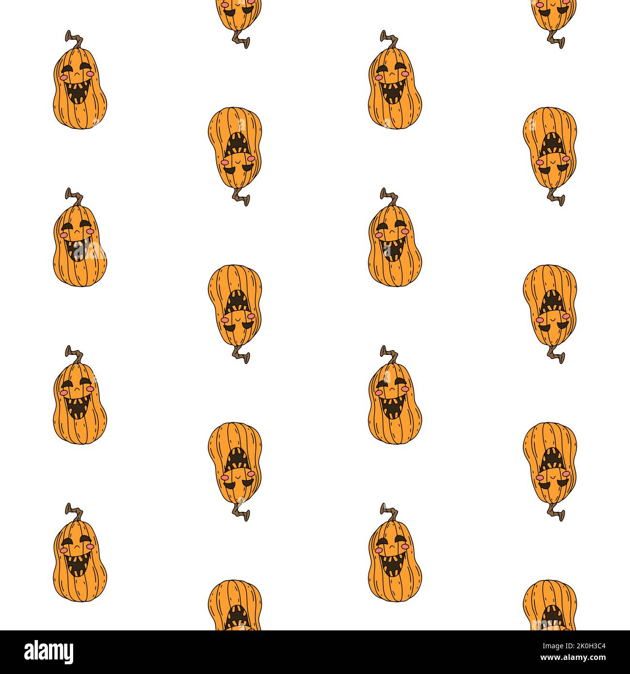 Modello di Halloween senza cuciture con zucche cartoon su sfondo bianco Illustrazione Vettoriale