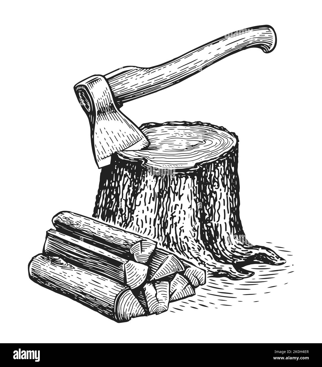 AX si stacca in ceppo di albero e legna da fuoco. Tronchi e legname di legno. Legname naturale, set di materiali per carpenteria. Lavorazione del legno Illustrazione Vettoriale