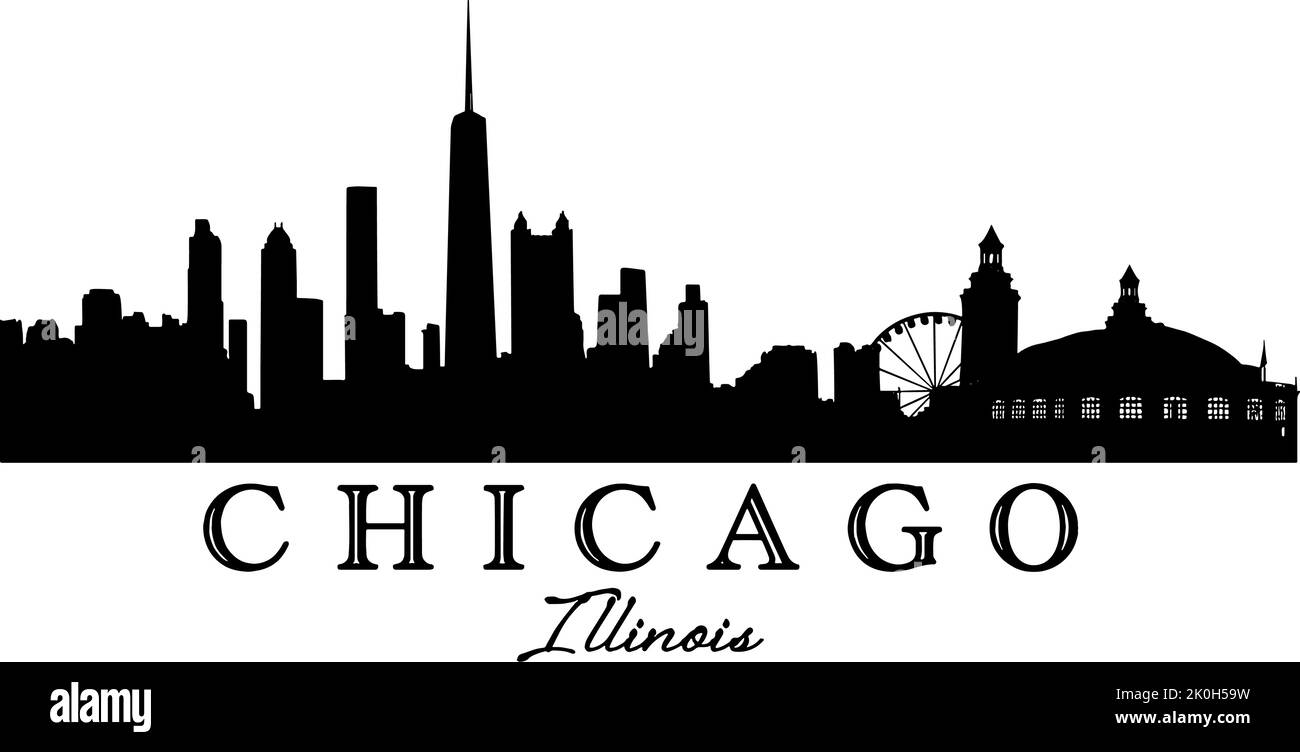 Profilo dello skyline di Chicago con testo Illustrazione Vettoriale