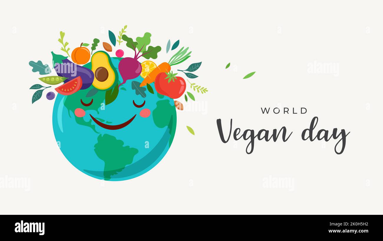 Giornata mondiale del Vegan, Concept Design. Mondo con la corona di verdure, frutta, foglie e noci. Per promozioni, adesivi, banner, biglietti d'auguri sui social media Illustrazione Vettoriale