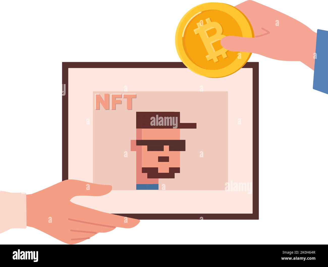 Vendita di dipinti per criptovaluta, asta NFT. I gettoni NFT non fungibili vengono acquistati con bitcoin. Buyer mani e pixel art. Vector immagine piatta isolato su sfondo bianco Illustrazione Vettoriale