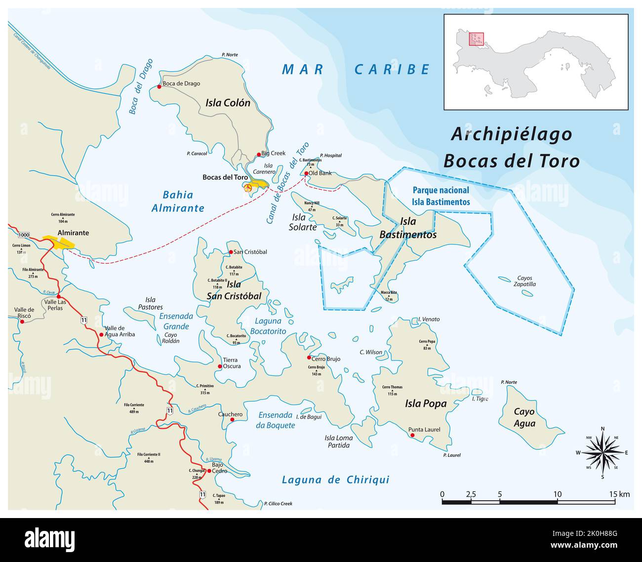 Mappa vettoriale dell'arcipelago di Bocas del Toro, Panama Foto Stock