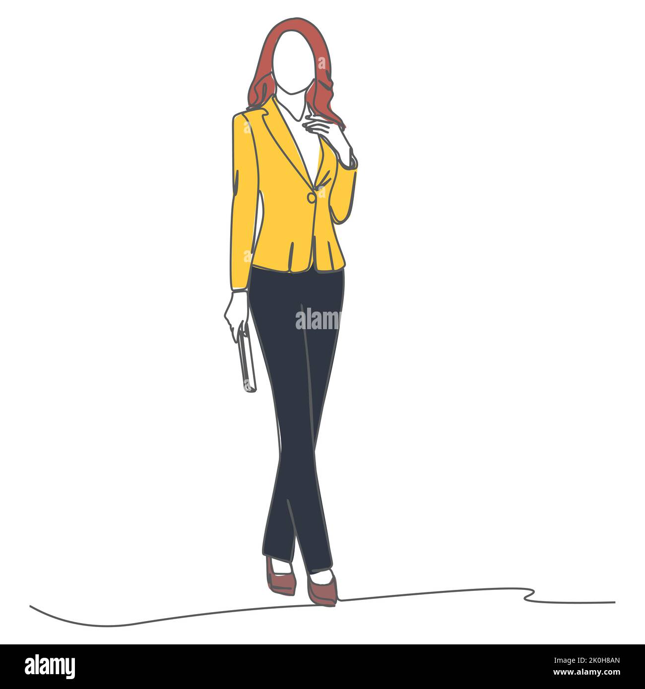 Una giovane donna d'affari in piedi e con un portafoglio. Ritratto a lunghezza intera isolato su sfondo bianco. Semplice disegno a linea continua a colori piatti Illustrazione Vettoriale