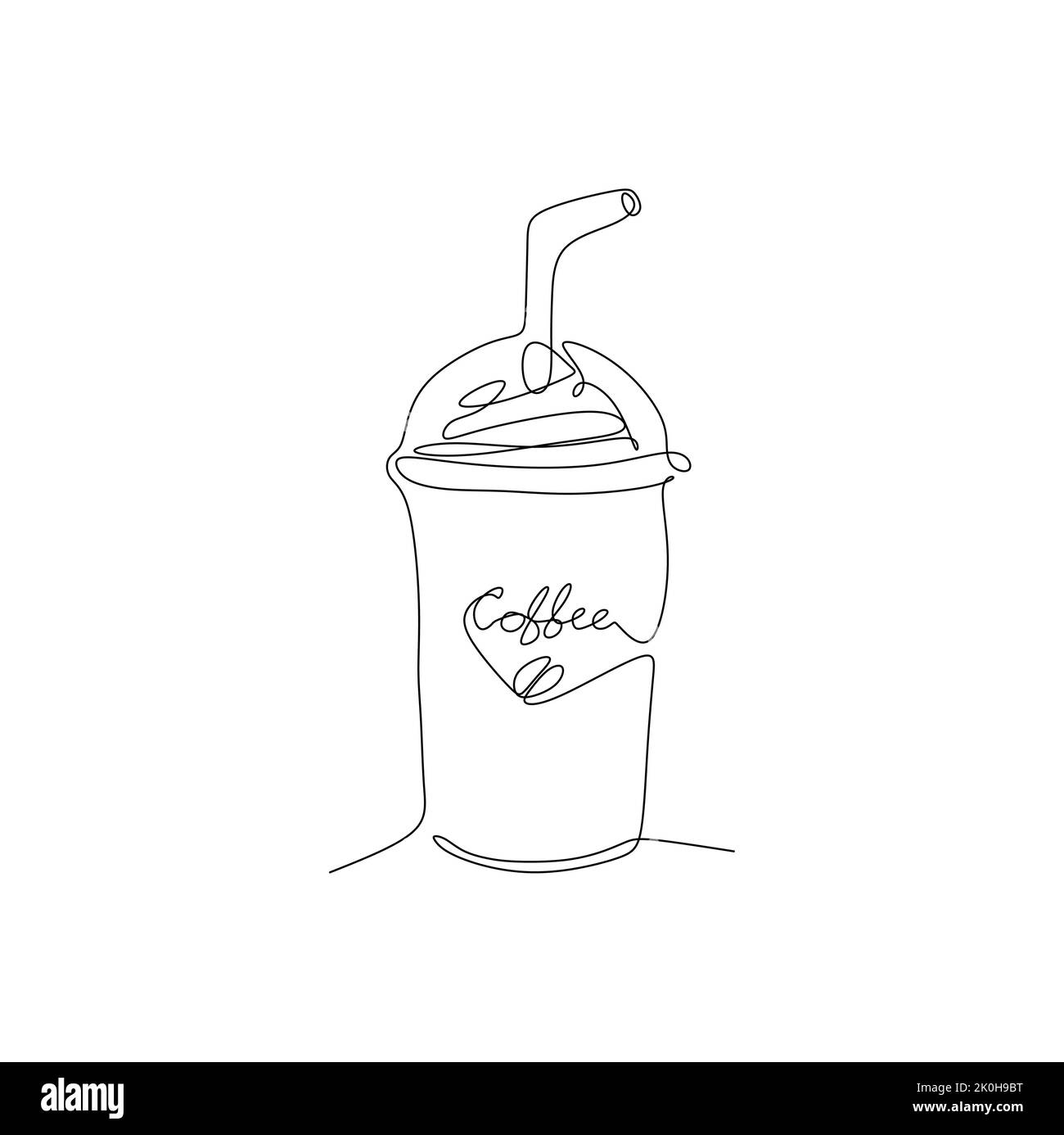 Caffè Frappuccino in una tazza di plastica con cannuccia. Disegno a linea singola continuo disegno vettoriale disegno a mano per disegno di alimenti e bevande Illustrazione Vettoriale