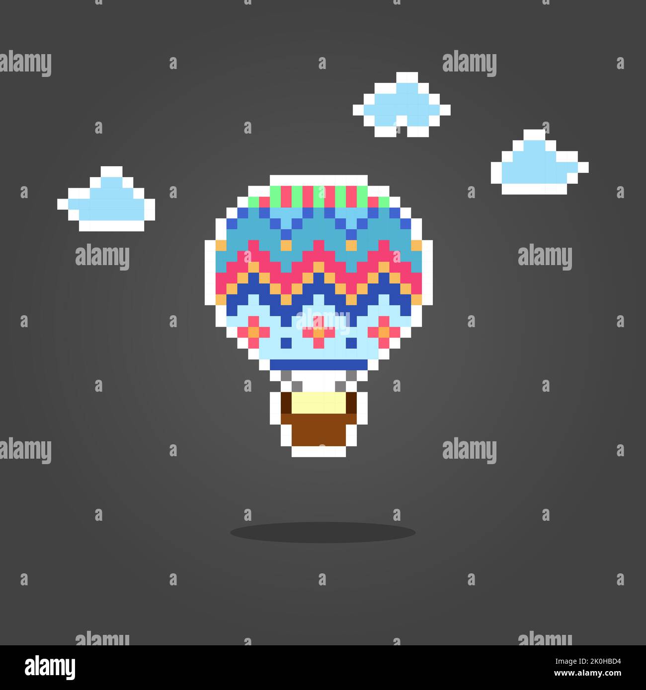 Pixel palloncino ad aria calda. Illustrazione vettoriale delle risorse di gioco a 8 bit. Disegno vettoriale a punto incrociato o a T-shirt. Illustrazione Vettoriale