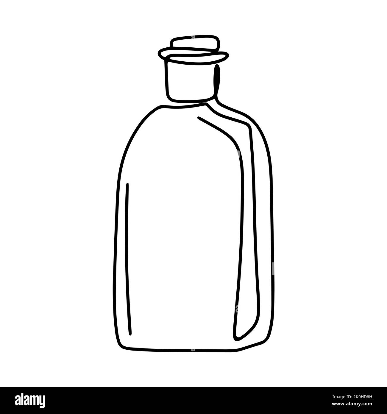 Flacone in vetro per liquidi disegno vettoriale isolato line art. Semplice immagine di un vecchio vaso di vetro. Schizzo nero su bottiglia di sfondo bianco Illustrazione Vettoriale