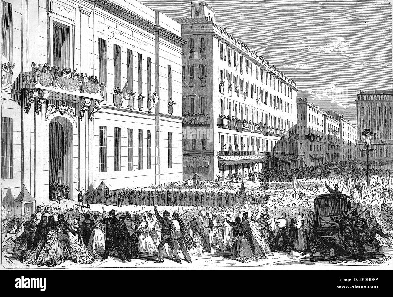 Die spanische Septemberrevolution 1868, ausgelöst von Topete y Carballo zusammen mit den Generälen Juan prim und Francisco Serrano, durch die Königin Isabella II. Abgesetzt wurde / la rivoluzione spagnola del settembre 1868, iniziata da Topete y Carballo insieme ai generali Juan prim e Francisco Serrano, Fu deposto dalla regina Isabella II., Historisch, restaurierte digitale Reproduktion einer Originalvorlage aus dem 19. Jahrhundert, genaues Originalatum nicht bekannt / riproduzione storica, digitale migliorata di un originale del 19th ° secolo Foto Stock