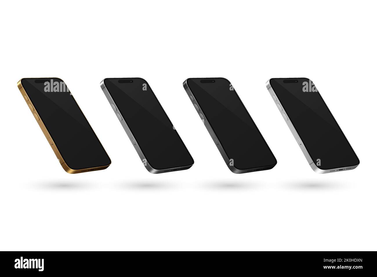 Modello di design moderno e realistico per smartphone Vector 3D con schermo nero. Telefono cellulare isolato. UI dispositivo telefonico UX, vista telefono a mezza curva Illustrazione Vettoriale