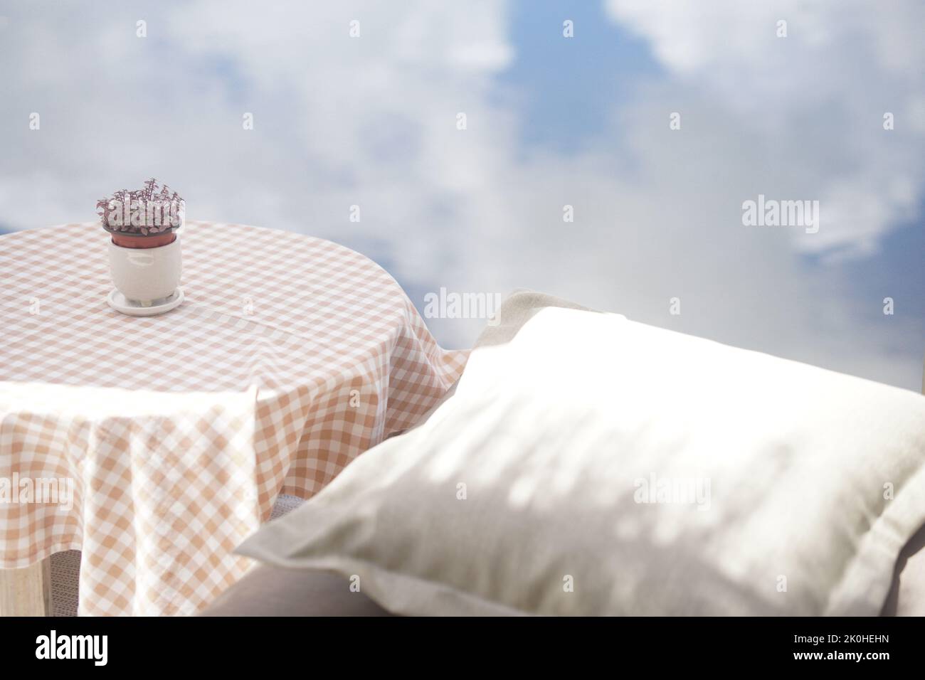 pianta in ceramica pentola decorazione sul tavolo sul terrazzo balcone patio Foto Stock