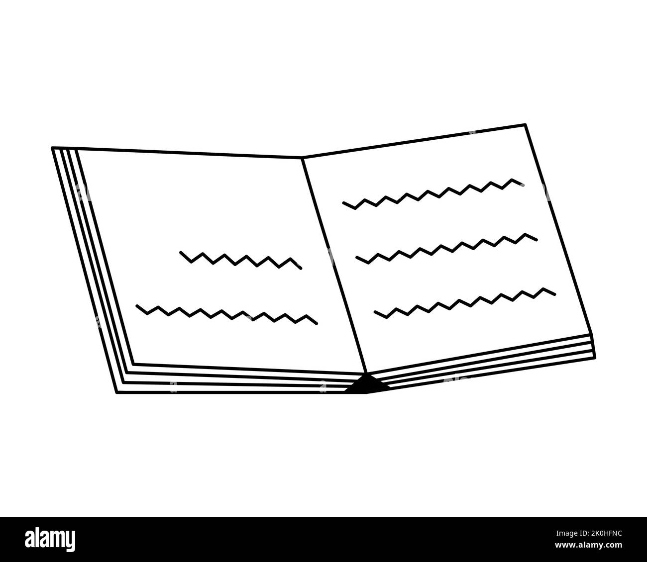 Un notebook. Vista dall'alto. Schizzo. Illustrazione vettoriale. Quaderno aperto per appunti con iscrizioni sui fogli. Libro da colorare per bambini. Illustrazione Vettoriale