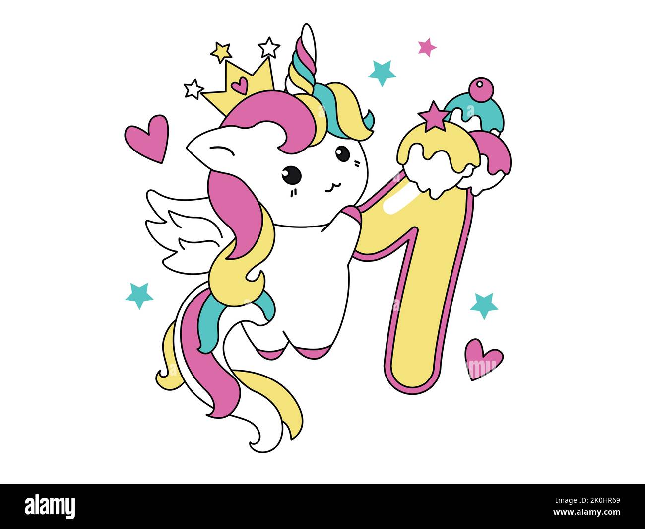 Collezione di unicorno carina in stile kawaii con il numero uno. Buon compleanno concetto per un mese o un anno. Illustrazione vettoriale con un carattere per un Illustrazione Vettoriale