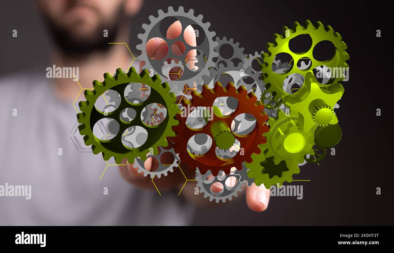 Un uomo che si raggiunge per gli ingranaggi illustrati Foto Stock