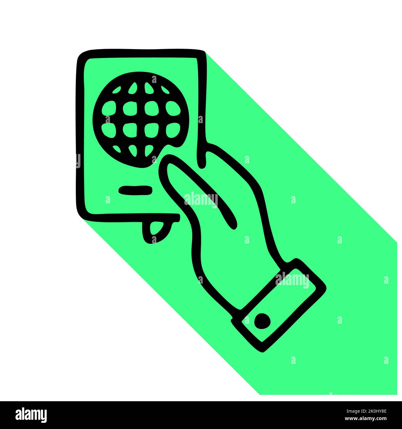 Icona a linea piatta con il passaporto in mano. Segnale di identificazione. Logo lineare sottile per servizi finanziari, controllo documenti, illustrazione vettore di viaggio Foto Stock