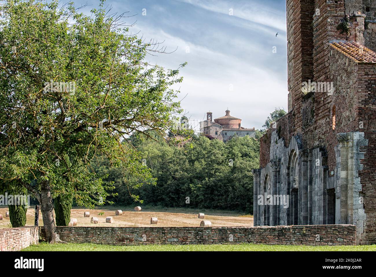 In primo piano la facciata dell'abbazia di San Galgano, sullo sfondo della collina la Cappella di Montesiepi (rotonda), Chiusdino, Siena, Toscana; Foto Stock