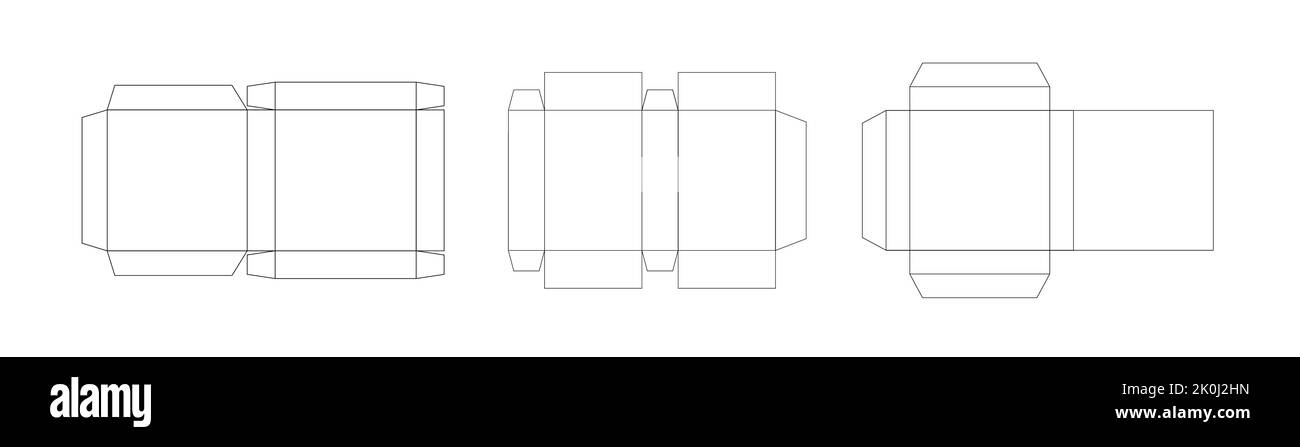 Set di 3 modelli di confezioni. Schema di confezionamento in carta, layout geometrico del modello, linee vettoriali sottili nere su sfondo bianco. Illustrazione Vettoriale