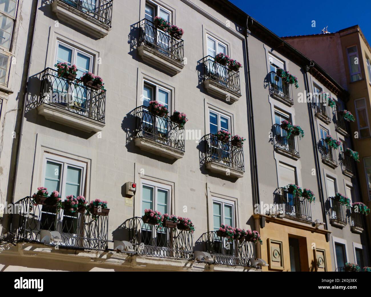Facciata di un edificio con scatole di fiori sui balconi in un pomeriggio di sole Burgos Castiglia e Leon Spagna Foto Stock